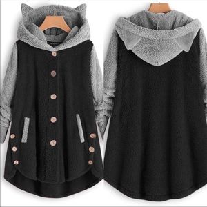 NWOT Cat Ear Color Block Fleece Hoodie Black / Gray Women’s / Juniors Size L/XL